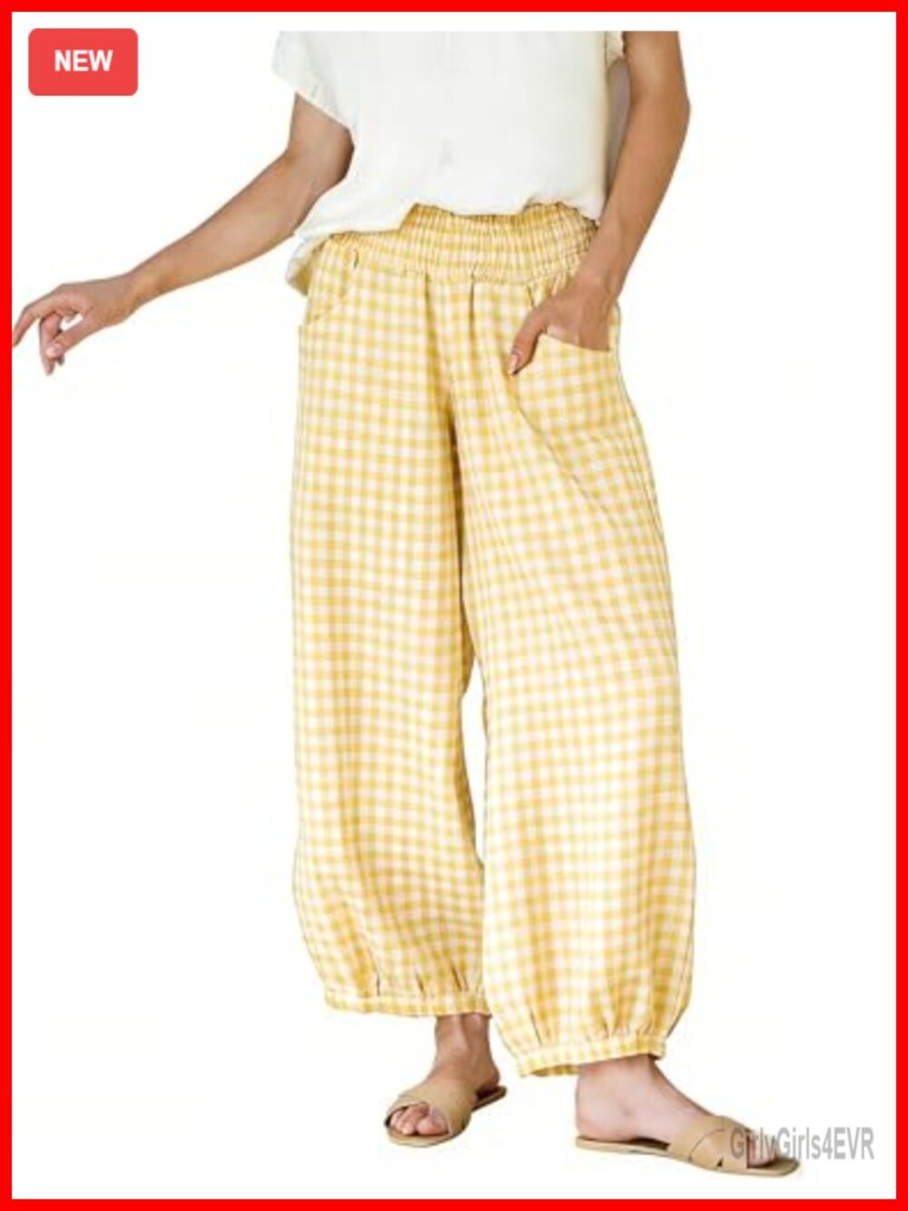 Wide Leg Cotton Ankle High Rise Pants with Pockets Gingham Plaid Trousers